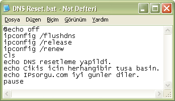 DNS Reset.bat dosya içeriği