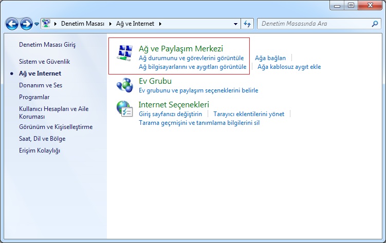 Denetim Masası > Ağ ve Paylaşım Merkezi