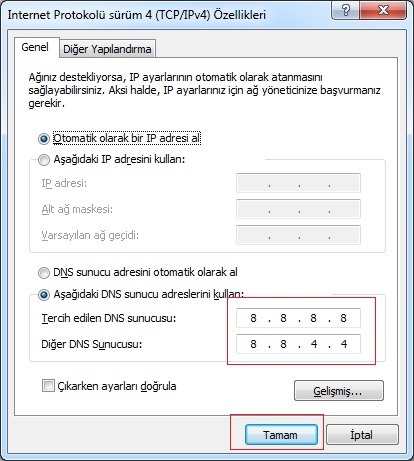 Internet Protokolü sürüm 4 (TCP/IPv4)