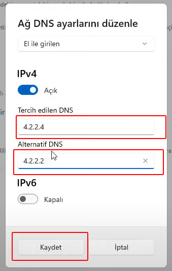 Ağ DNS ayarlarını düzenle (Tercih edilen DNS ve Alternatif DNS)