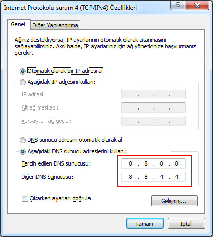 Internet Protokolü sürüm 4 (TCP/IPv4)