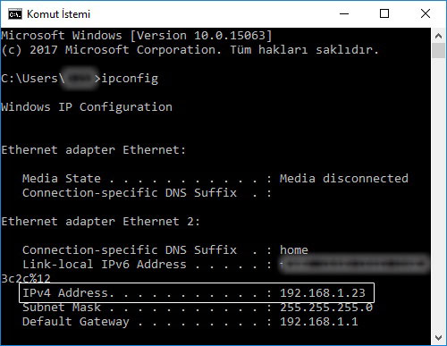 cmd.exe ipconfig komutunun çalıştırılmasıyla gelecek bilgiler