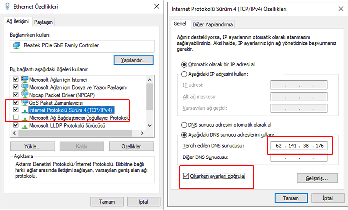 NS Adresine Ait IP Adresinin DNS Sunucusu Olarak Kullanılması