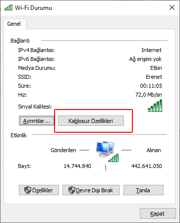 Wi-Fi Durumu - "Kablosuz Özellikleri"