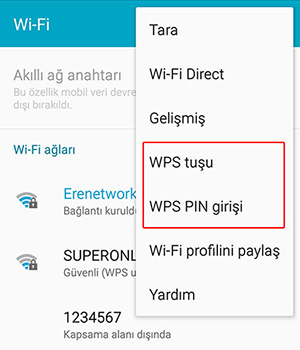 WPS tuşu ve WPS PIN girişi Seçim Ekranı